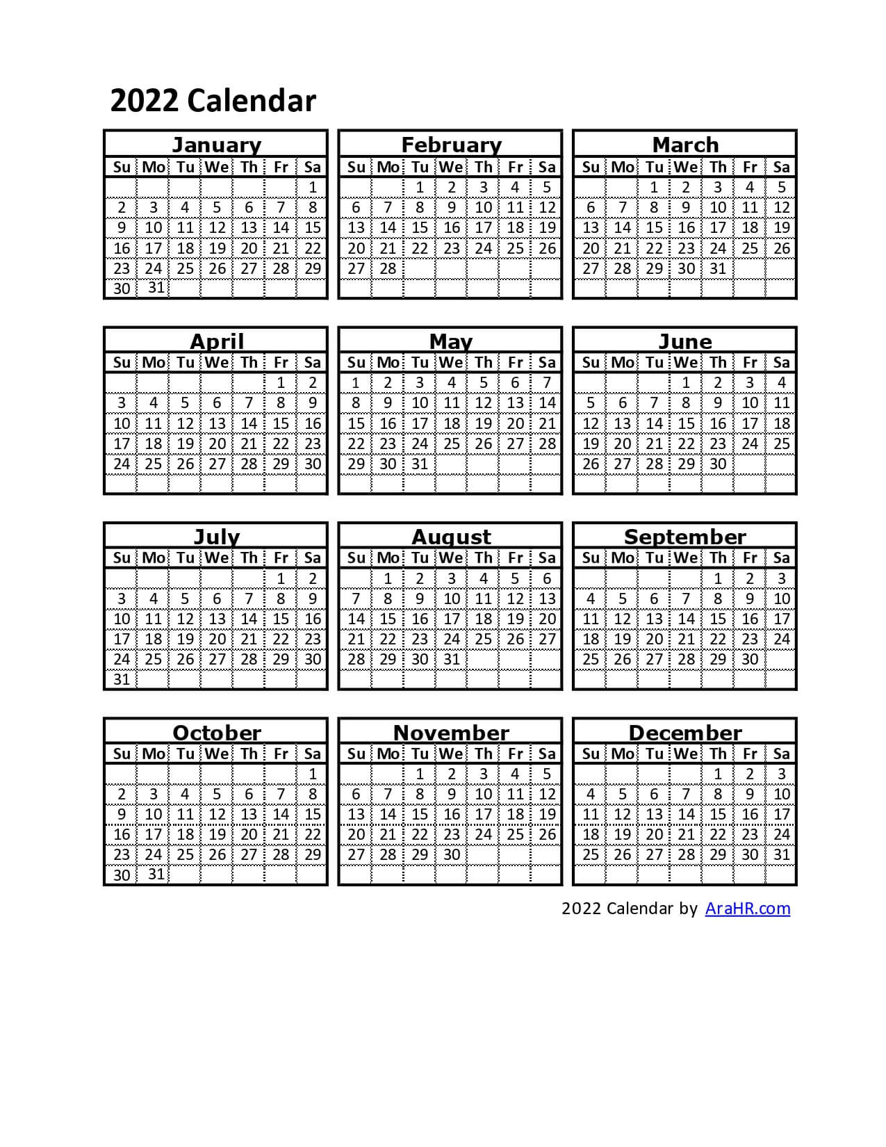 2022 Calendar Yearly Monthly Free Printable Template Excel