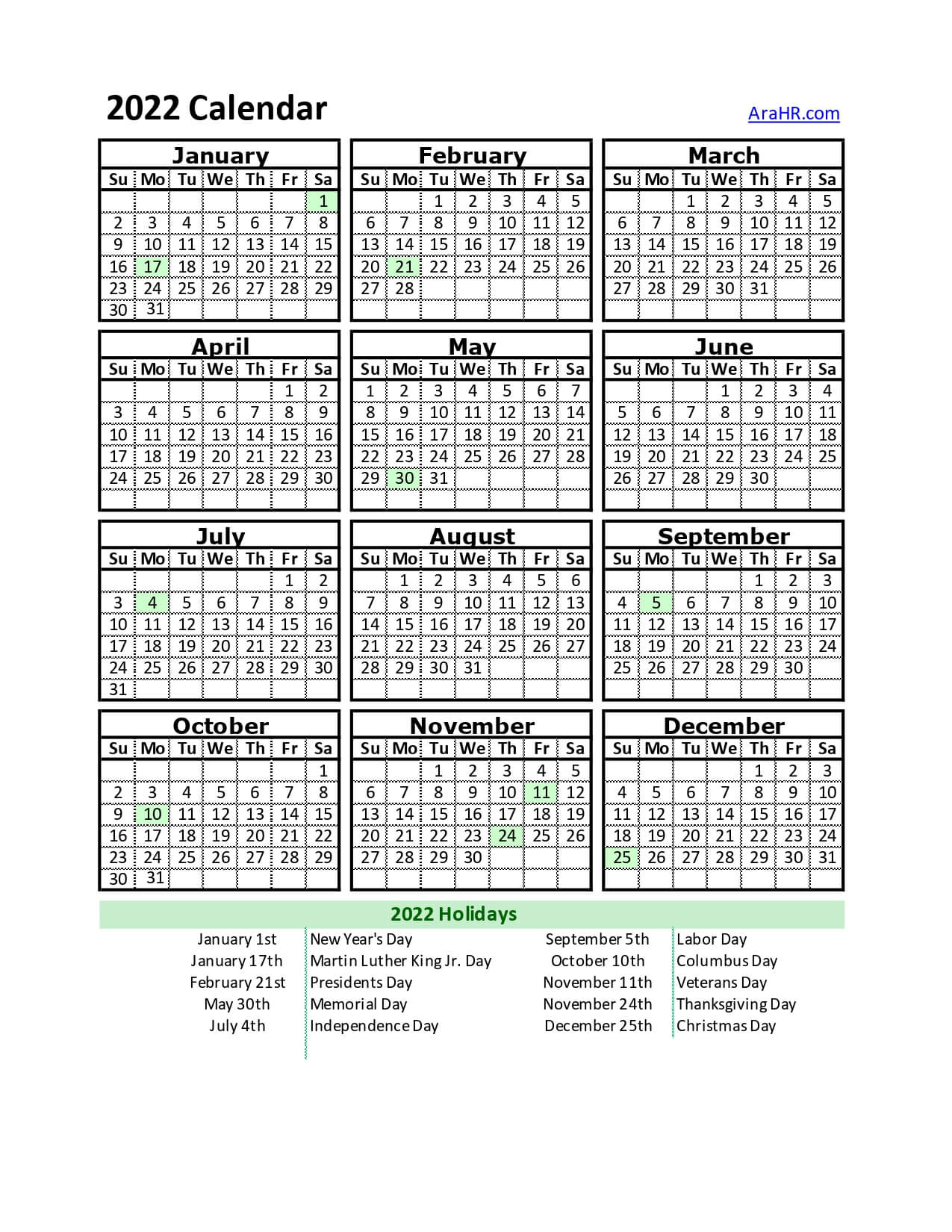 2022 Calendar Yearly Monthly Free Printable Template Excel Pdf Image Arahr